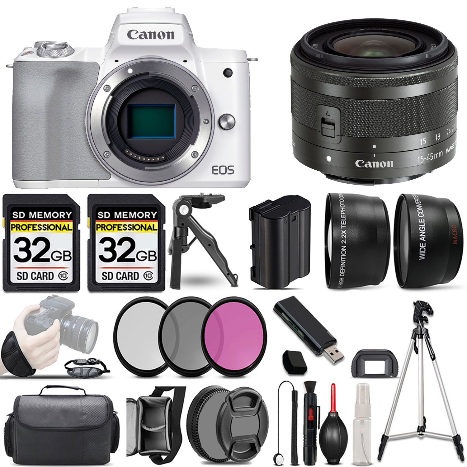 EOS M50 Mark II (White) + 15-45mm IS STM Lens (Graphite) + 3 Piece Filter Set + 64GB *FREE SHIPPING*