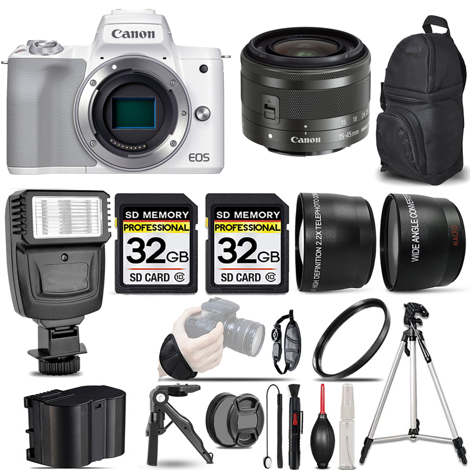 EOS M50 Mark II Camera (White) + 15-45mm IS STM Lens (Graphite) + Flash + 64GB *FREE SHIPPING*