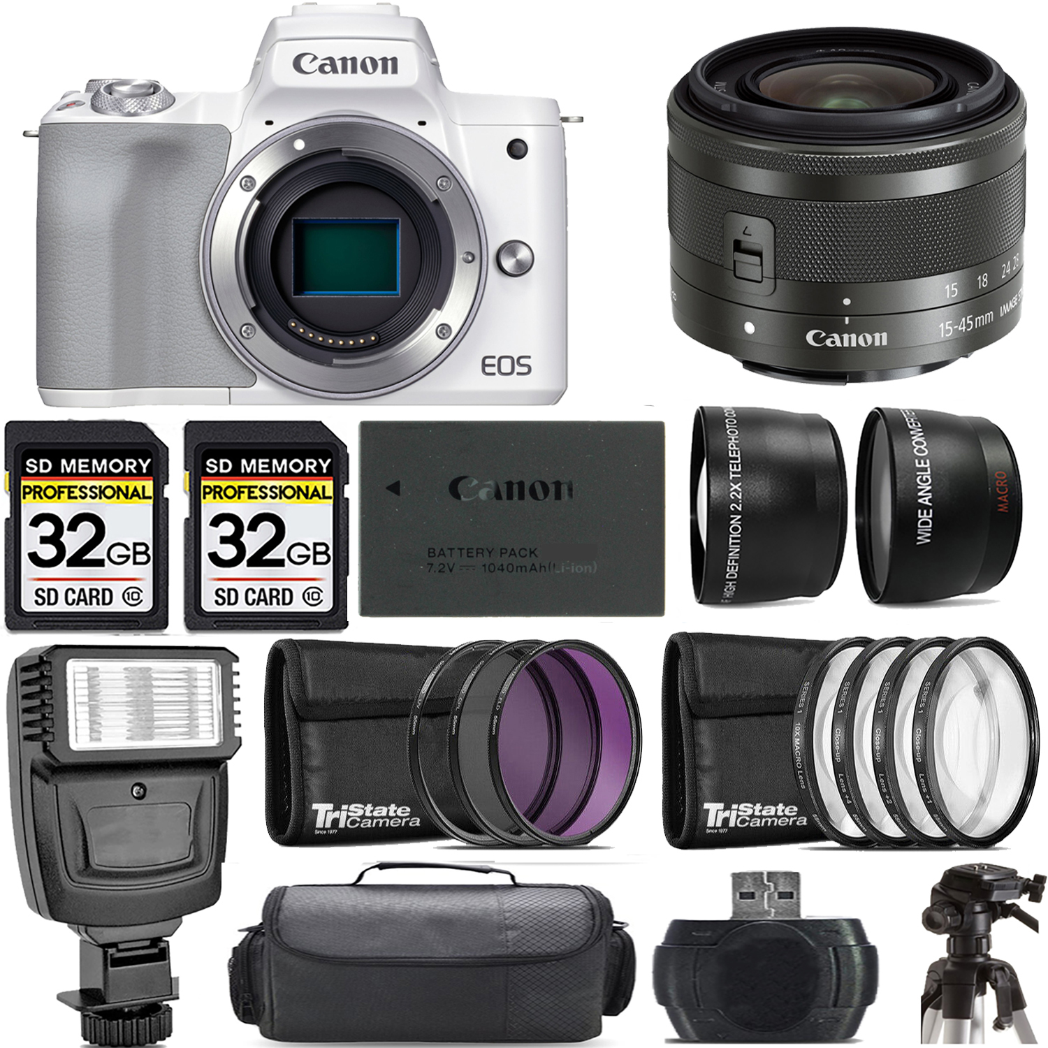 EOS M50 Mark II Camera (White) + 15-45mm IS STM Lens (Graphite) + Flash - Kit *FREE SHIPPING*