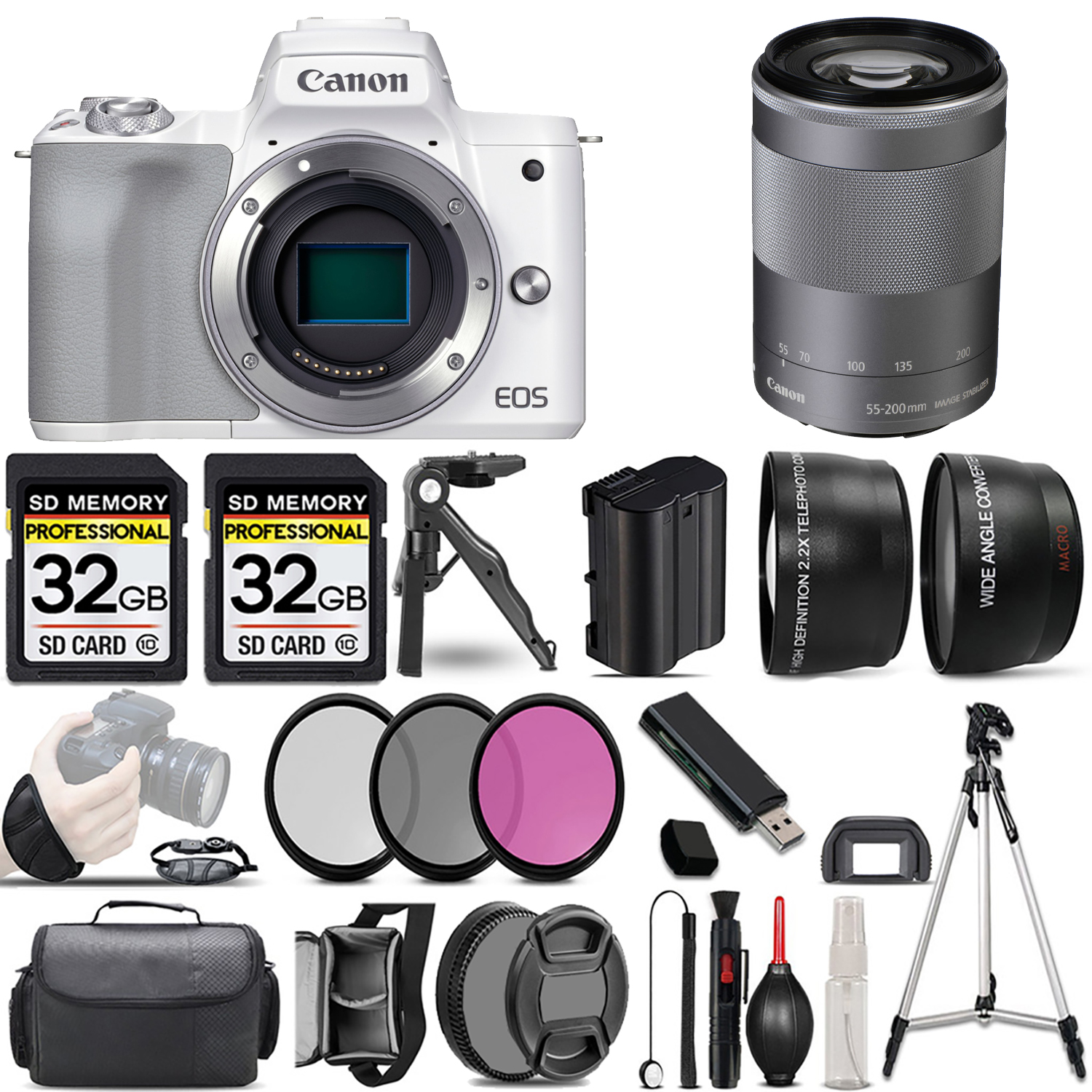 EOS M50 Mark II (White) + 55-200mm IS STM Lens (Silver) + 3 Piece Filter Set + 64GB *FREE SHIPPING*