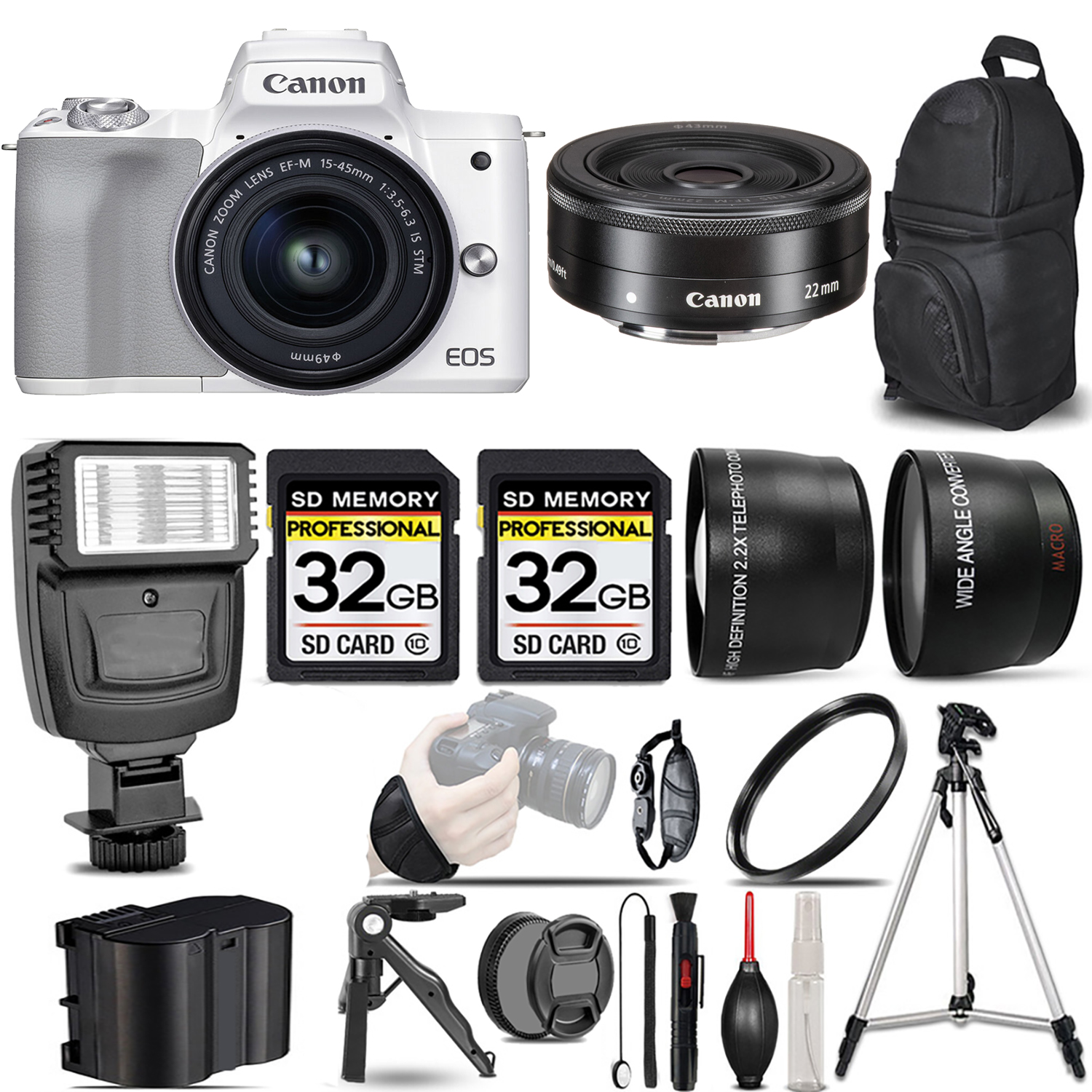 M50 Mark II + 15-45mm Lens (White) + 22mm f/2 STM Lens + Flash + 64GB - Kit *FREE SHIPPING*