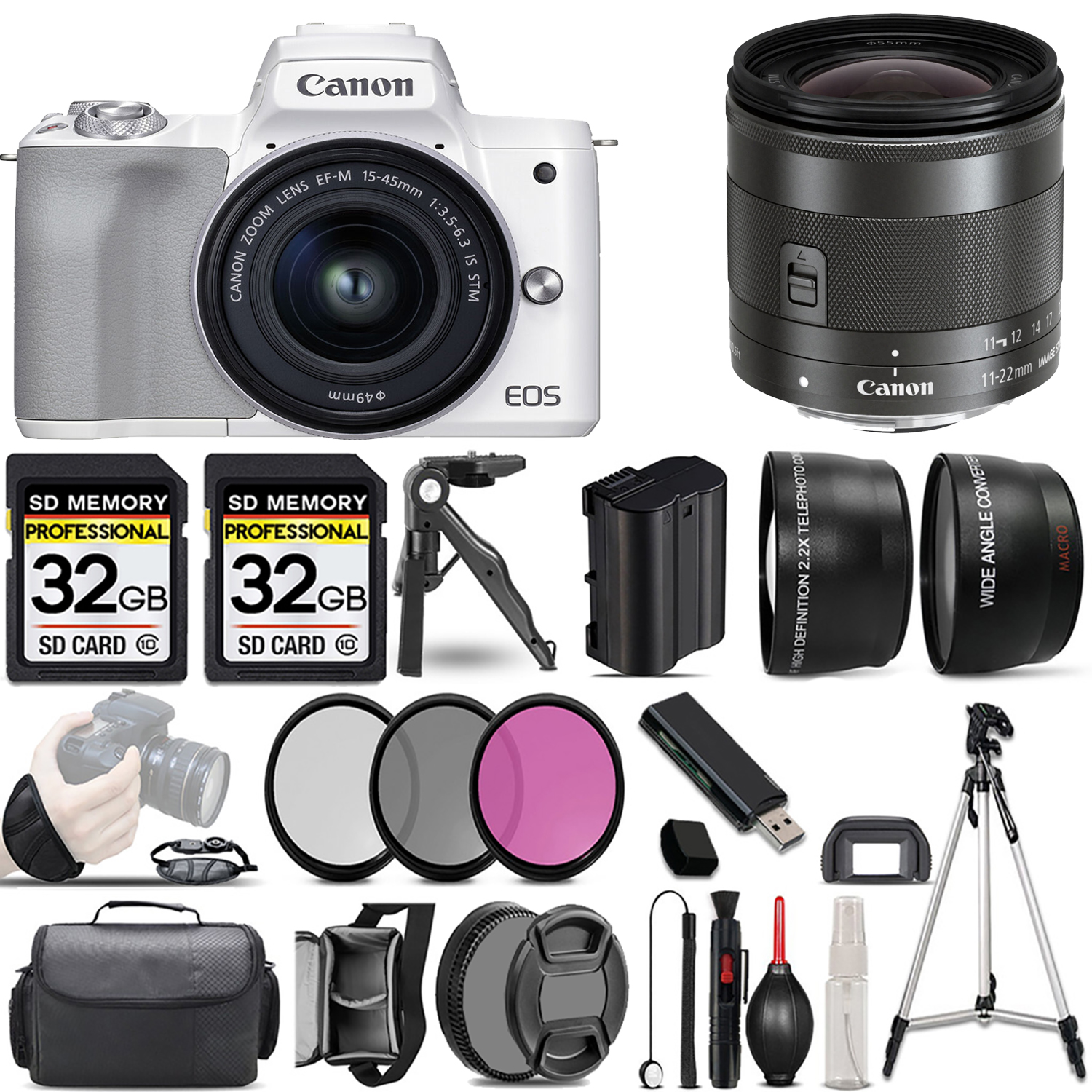 M50 Mark II + 15-45mm Lens (White) + 11-22mm IS STM Lens + 3 Piece Filter Set + 64GB *FREE SHIPPING*