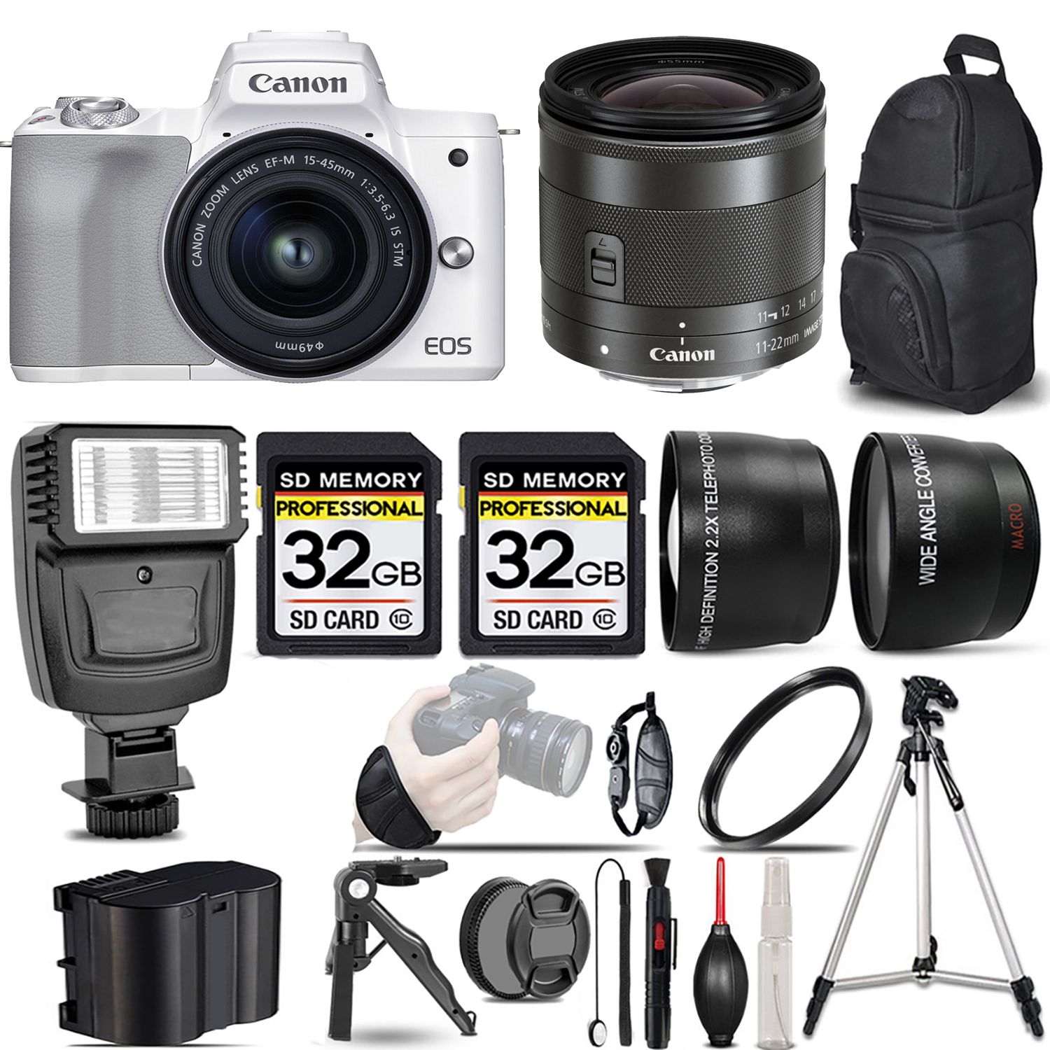 M50 Mark II + 15-45mm Lens (White) + 11-22mm IS STM Lens + Flash + 64GB - Kit *FREE SHIPPING*