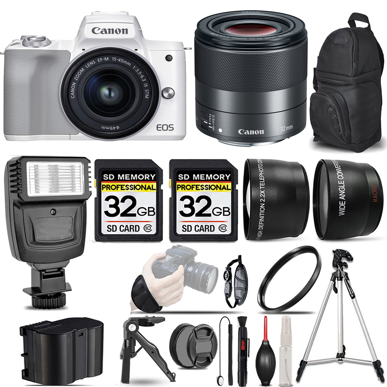M50 Mark II + 15-45mm Lens (White) + 32mm f/1.4 STM Lens + Flash + 64GB - Kit *FREE SHIPPING*
