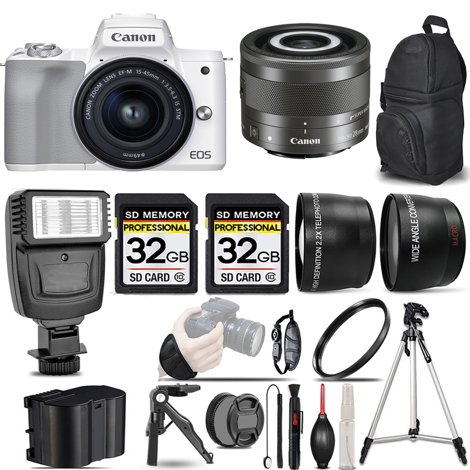 M50 Mark II + 15-45mm Lens(White) + 28mm Macro IS STM Lens + Flash + 64GB - Kit *FREE SHIPPING*