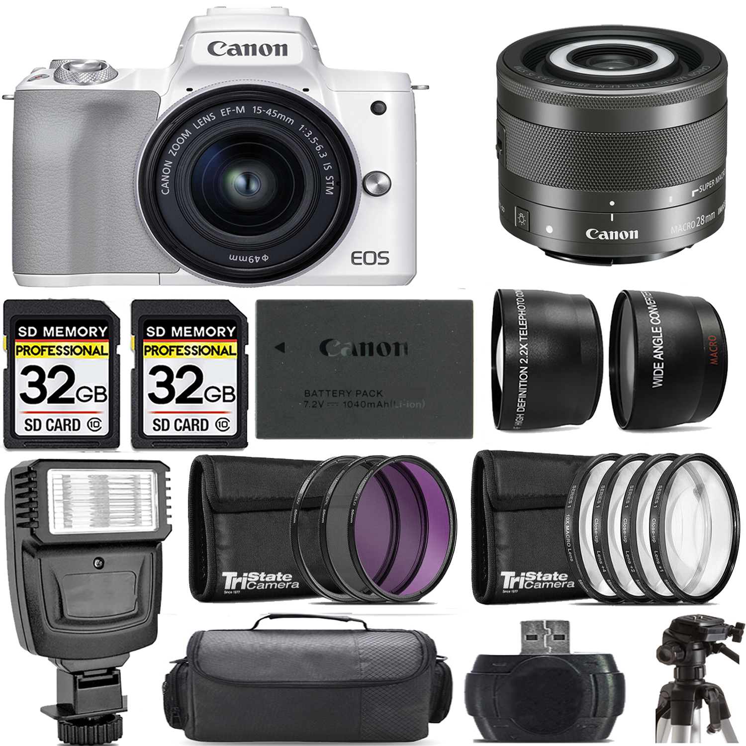 M50 Mark II + 15-45mm Lens (White) + 28mm Macro IS STM Lens + Flash - Kit *FREE SHIPPING*