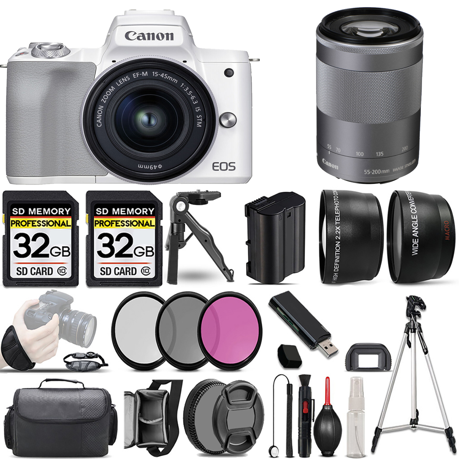 M50 II + 15-45mm Lens (White) + 55-200mm IS Lens (Silver) + 3 Piece Filter Set + 64GB *FREE SHIPPING*