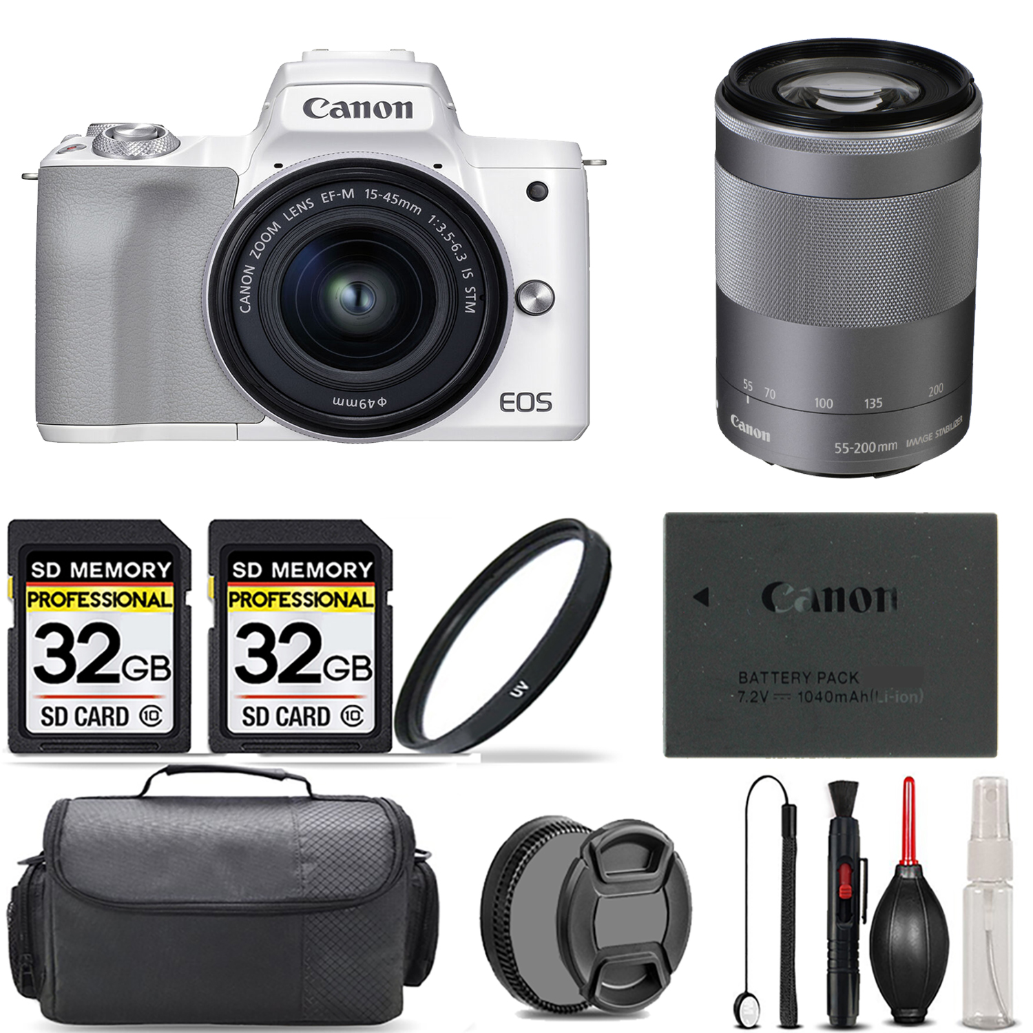 M50 II + 15-45mm Lens (White) + 55-200mm IS Lens (Silver) + UV Filter + 64GB *FREE SHIPPING*