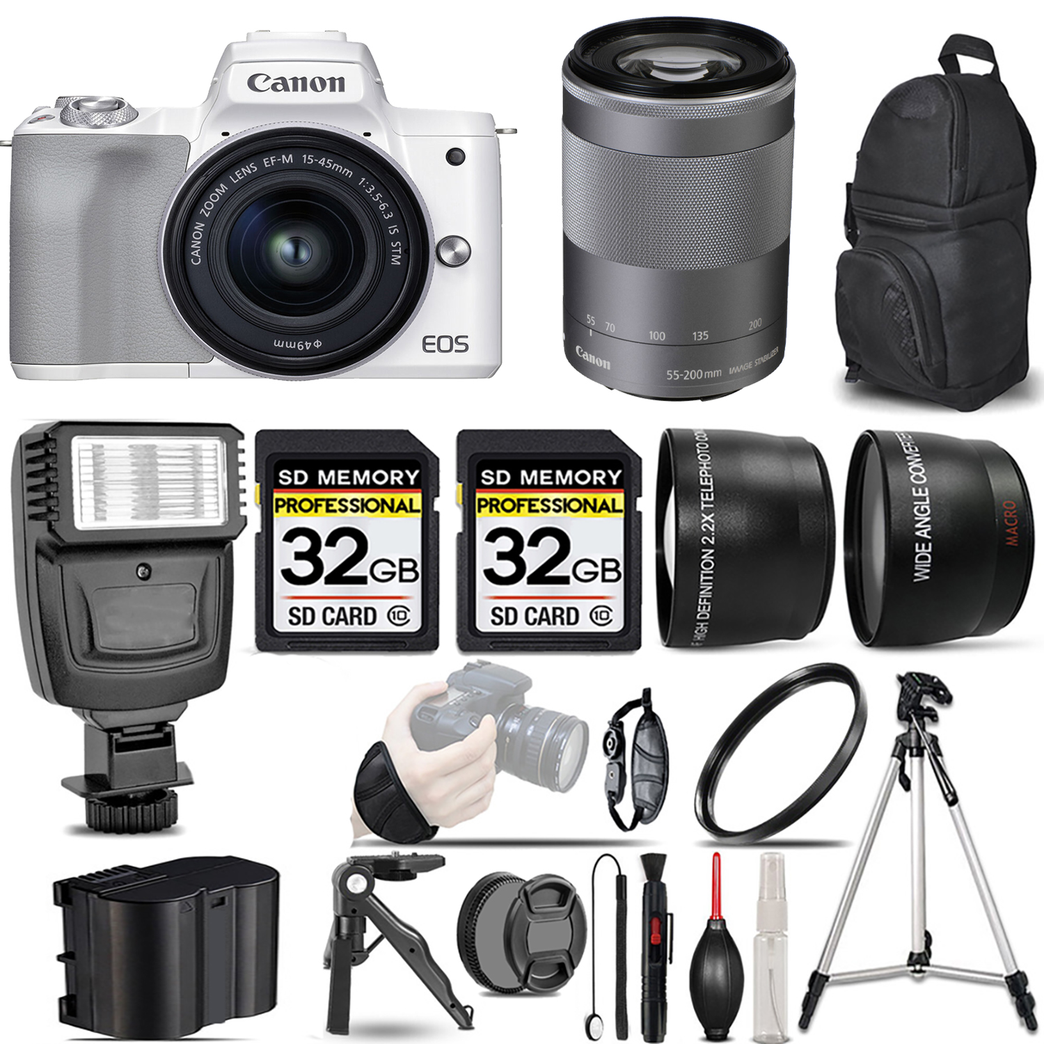 M50 II + 15-45mm Lens (White) + 55-200mm IS Lens (Silver) + Flash + 64GB - Kit *FREE SHIPPING*