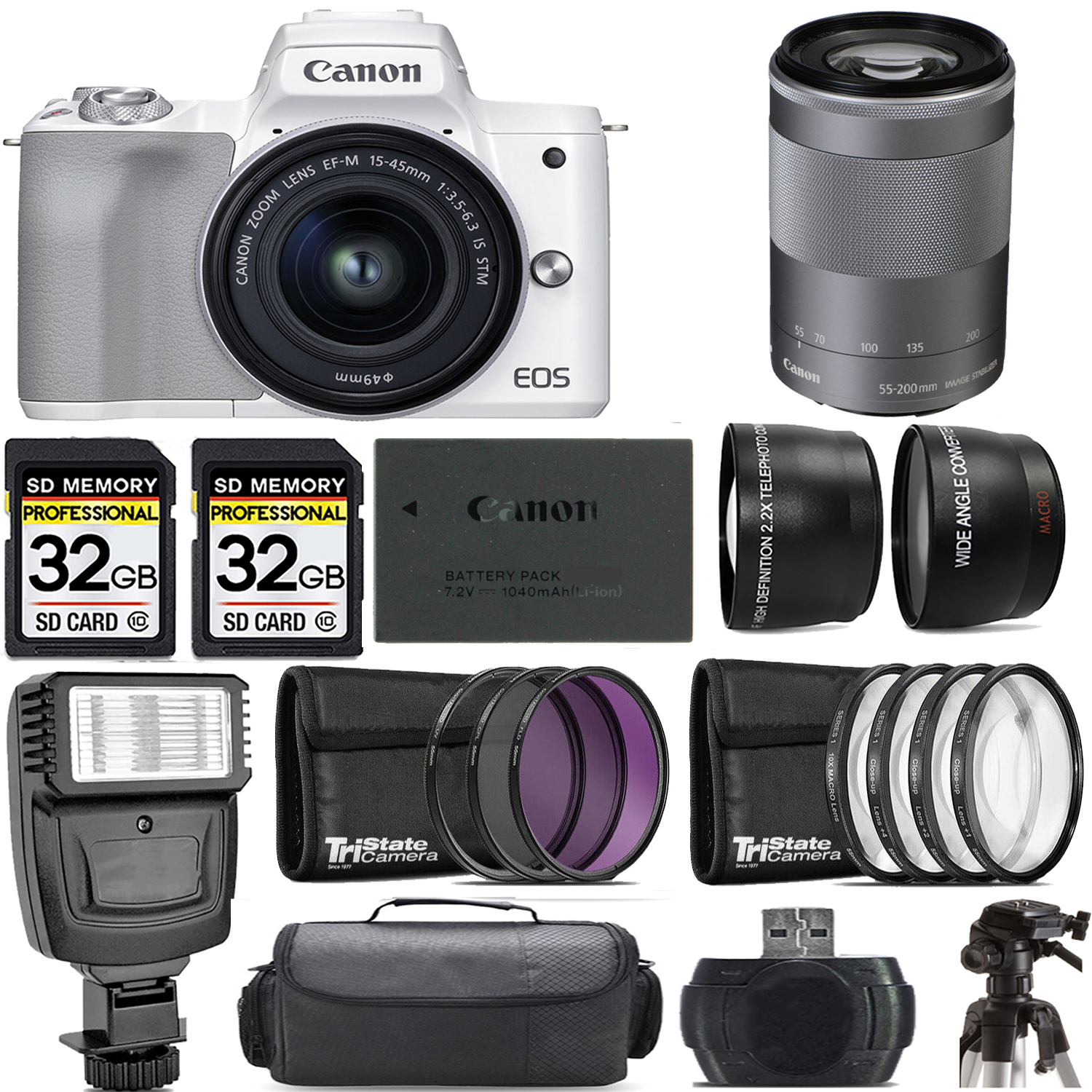 M50 II + 15-45mm Lens (White) + 55-200mm IS Lens (Silver) + Flash - Kit *FREE SHIPPING*