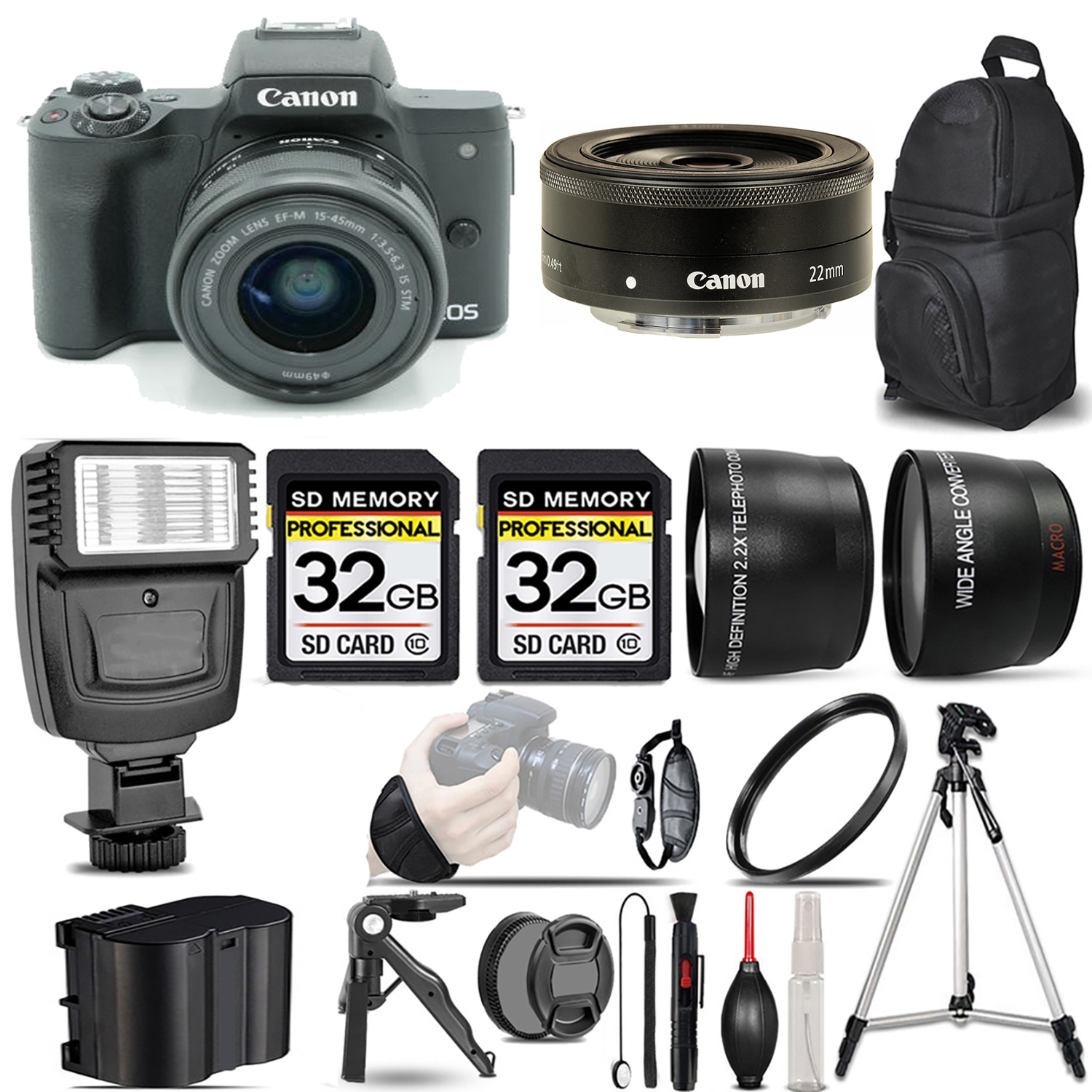 M50 Mark II + 15-45mm Lens (Black) + 22mm f/2 STM Lens + Flash + 64GB - Kit *FREE SHIPPING*