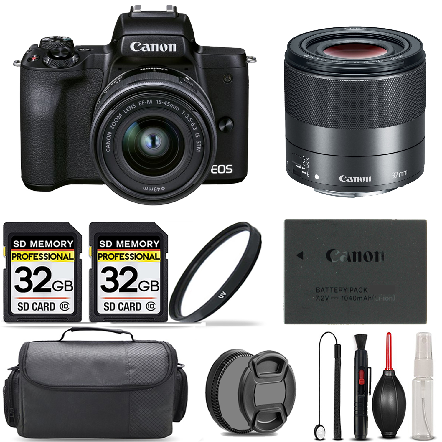 M50 Mark II + 15-45mm Lens (Black) + 32mm STM Lens + UV Filter + 64GB - Kit *FREE SHIPPING*