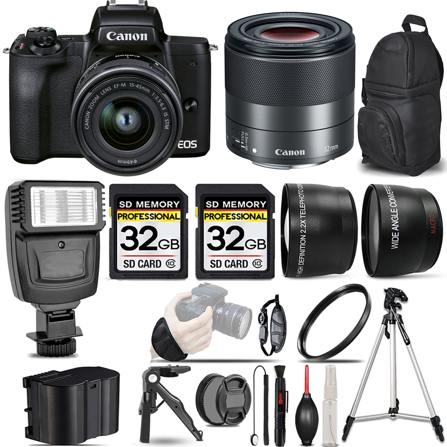 M50 Mark II + 15-45mm Lens (Black) + 32mm f/1.4 STM Lens + Flash + 64GB - Kit *FREE SHIPPING*