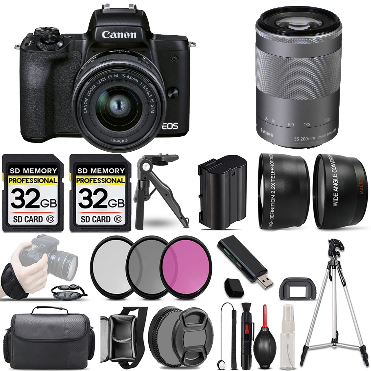 M50 II + 15-45mm Lens (Black) + 55-200mm IS Lens (Silver) + 3 Piece Filter Set + 64GB *FREE SHIPPING*