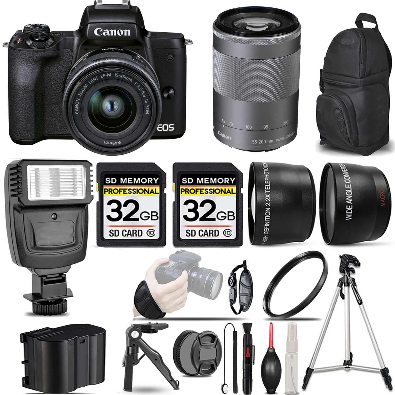 M50 II + 15-45mm Lens (Black) + 55-200mm IS Lens (Silver) + Flash + 64GB - Kit *FREE SHIPPING*