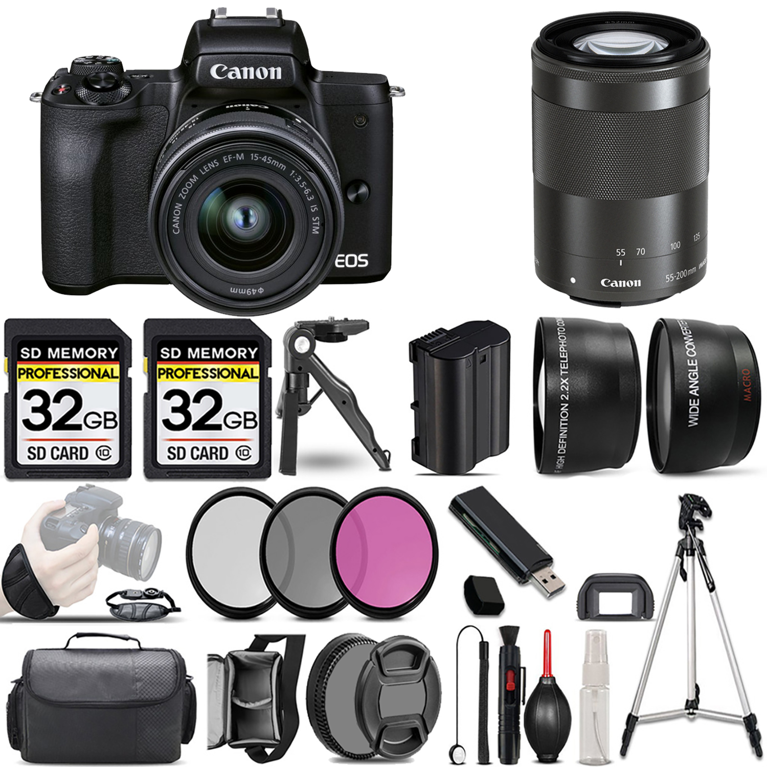 M50 II + 15-45mm Lens (Black) + 55-200mm IS Lens (Black) + 3 Piece Filter Set + 64GB *FREE SHIPPING*