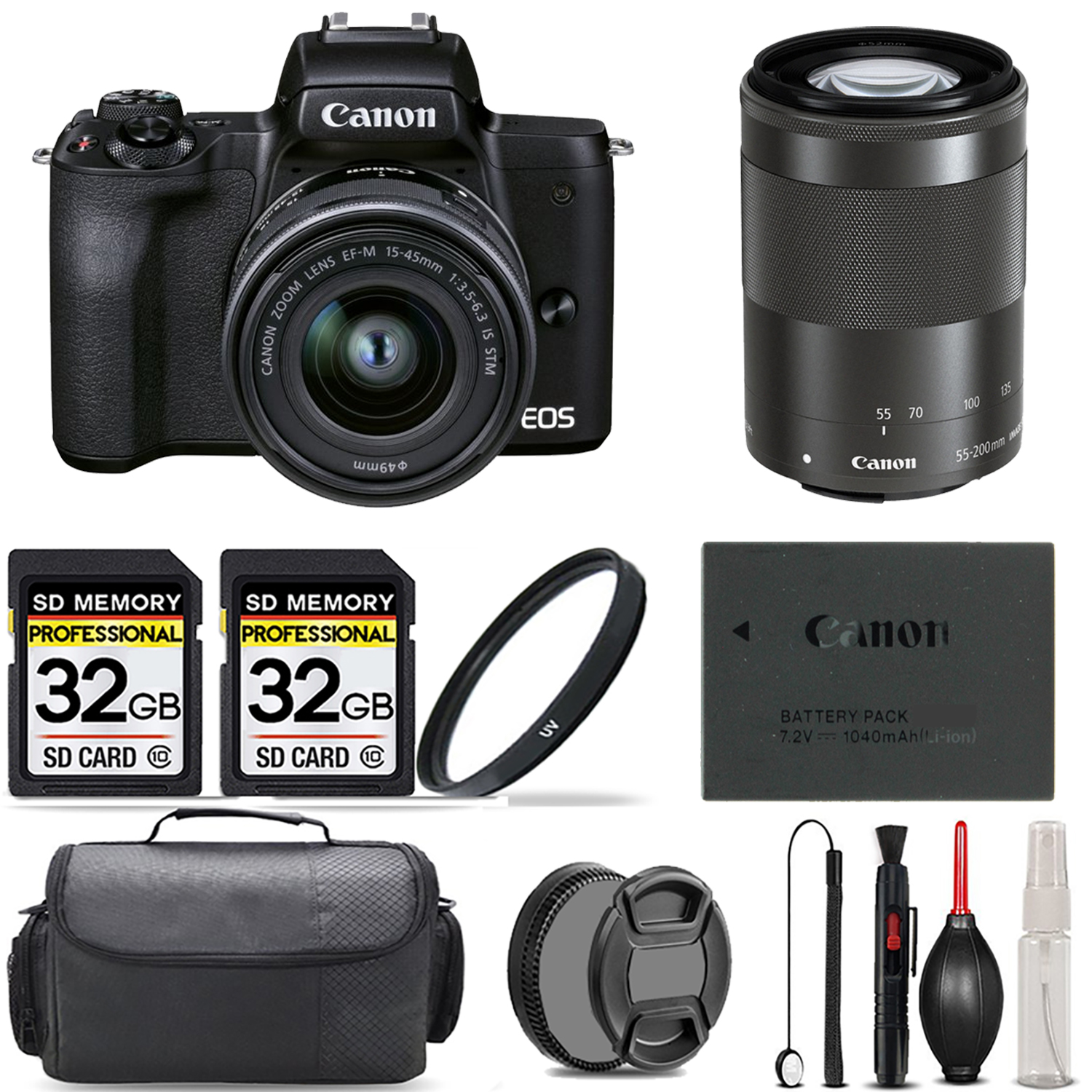 M50 II + 15-45mm Lens (Black) + 55-200mm IS Lens (Black) + UV Filter + 64GB *FREE SHIPPING*