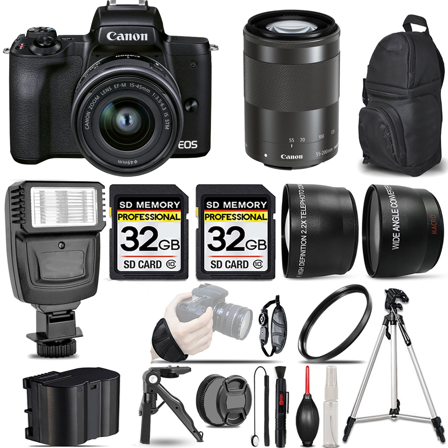 M50 II + 15-45mm Lens (Black) + 55-200mm IS Lens (Black) + Flash + 64GB *FREE SHIPPING*