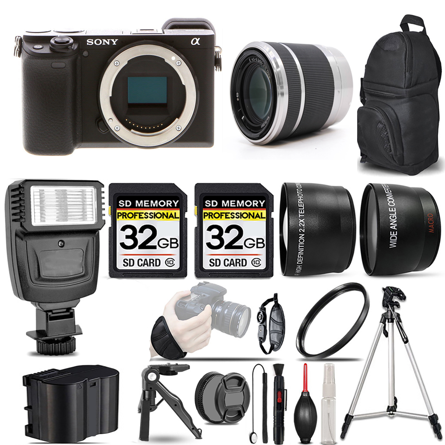 a6400 Mirrorless Camera + 55-210mm Lens (Silver) + Flash + 64GB - Kit (ILCE-6400/B) *FREE SHIPPING*