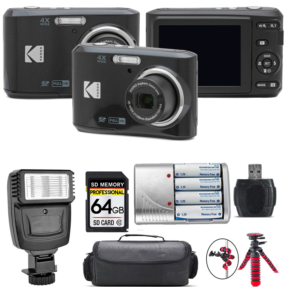 Pixpro FZ45 Camera (Black) + Extra Battery + Flash - 64GB Kit (FZ45BK) *FREE SHIPPING*