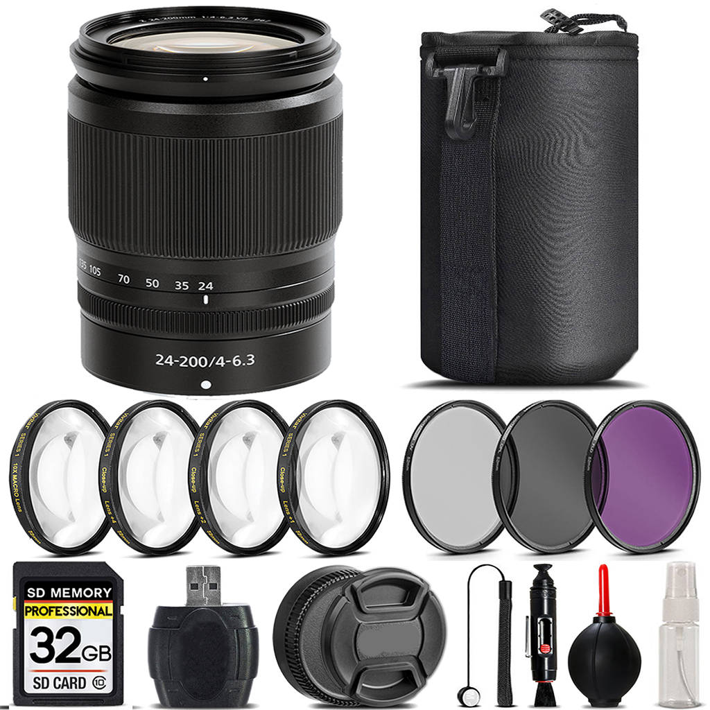 NIKKOR Z 24-200mm f/4-6.3 VR Lens + 4 Piece Macro Set + UV, CPL, FLD Filter - 32GB (20092) *FREE SHIPPING*