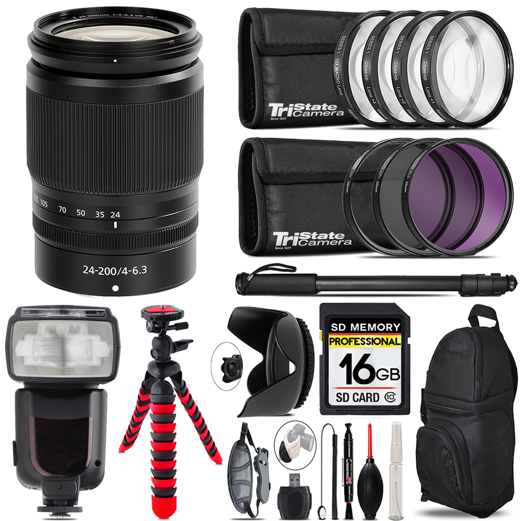 NIKKOR Z 24-200mm f/4-6.3 VR Lens + Professional Flash + 128GB Accessory Kit (20092) *FREE SHIPPING*