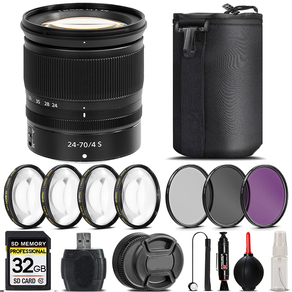 NIKKOR Z 24-70mm S Lens + 4 Piece Macro Set + UV, CPL, FLD Filter - 32GB (20072) *FREE SHIPPING*
