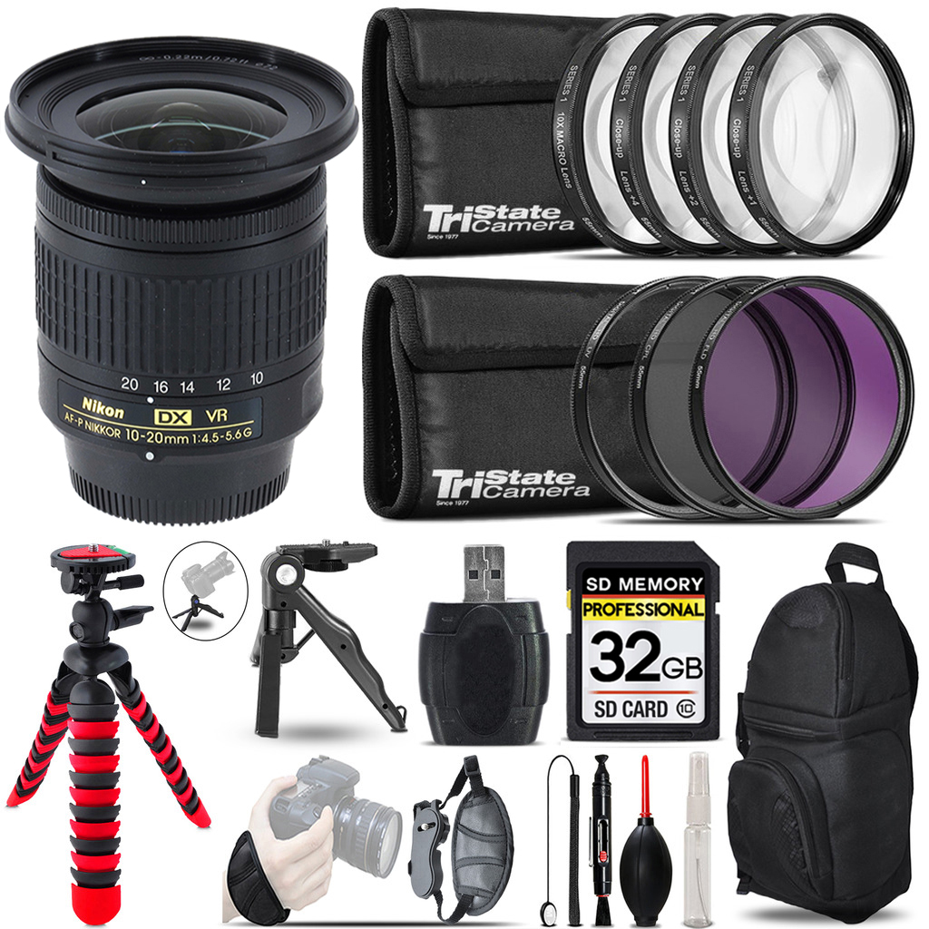 AF-P DX 10-20mm VR Lens + Macro, UV-CPL-FLD Filter - 32GB Accessory Kit (20067) *FREE SHIPPING*