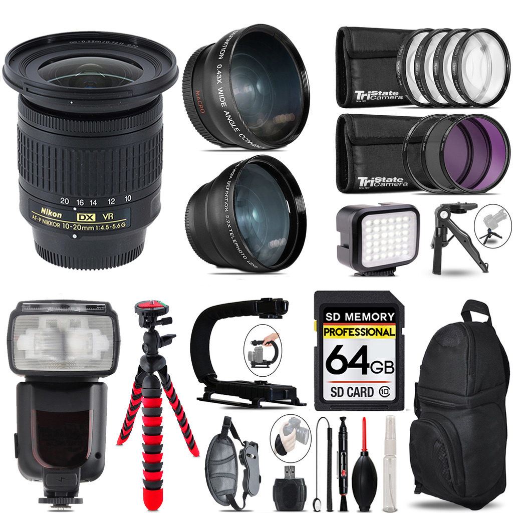 AF-P DX 10-20mm VR Lens + Pro Flash + LED Light + Tripod - 64GB Kit (20067) *FREE SHIPPING*