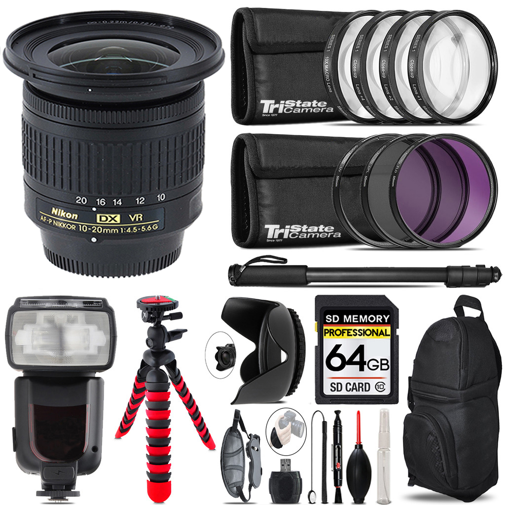 AF-P DX 10-20mm VR Lens + Professional Flash + 64GB Accessory Kit (20067) *FREE SHIPPING*