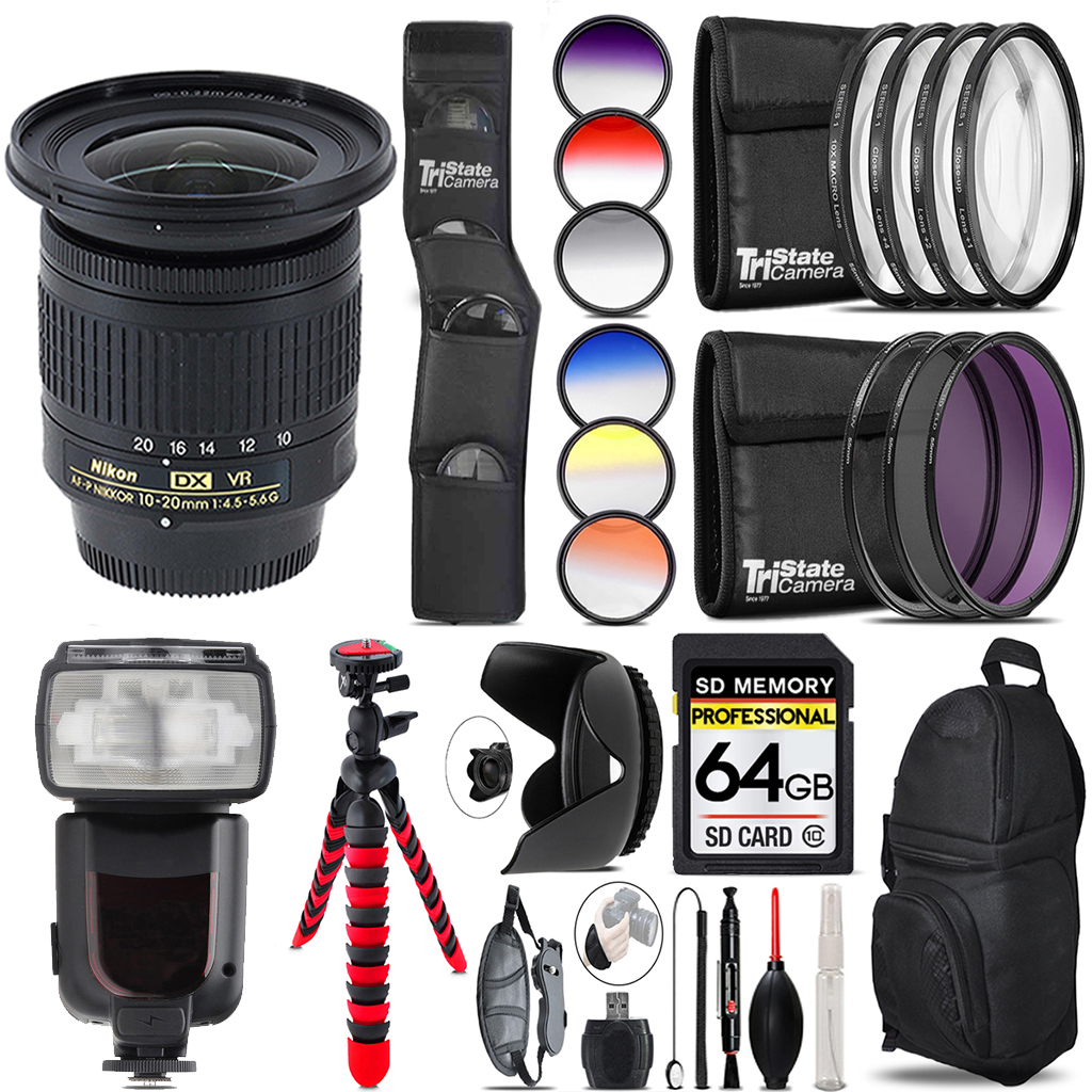 AF-P DX 10-20mm VR Lens + Canon Speedlight - 64GB Accessory Kit (20067) *FREE SHIPPING*