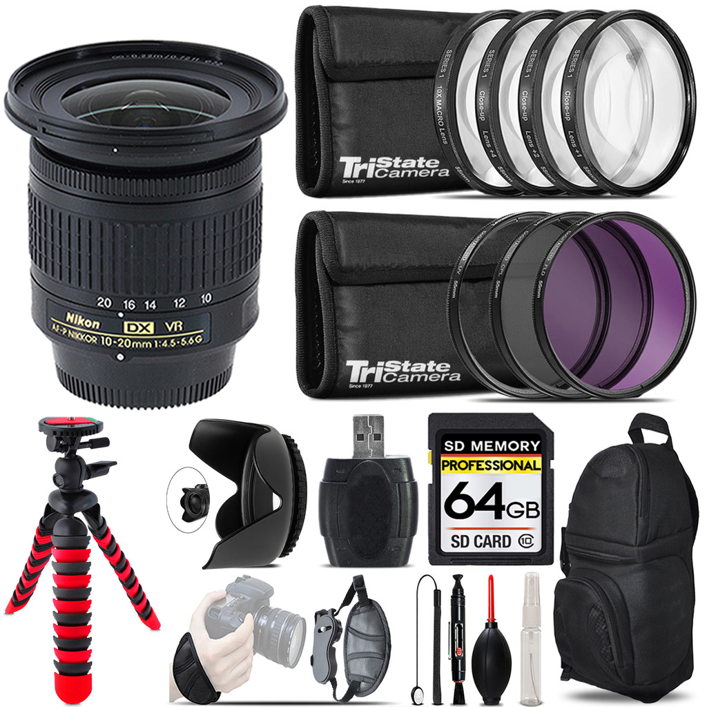 AF-P DX 10-20mm VR Lens + Macro Filter Kit & More - 64GB Accessory Kit (20067) *FREE SHIPPING*