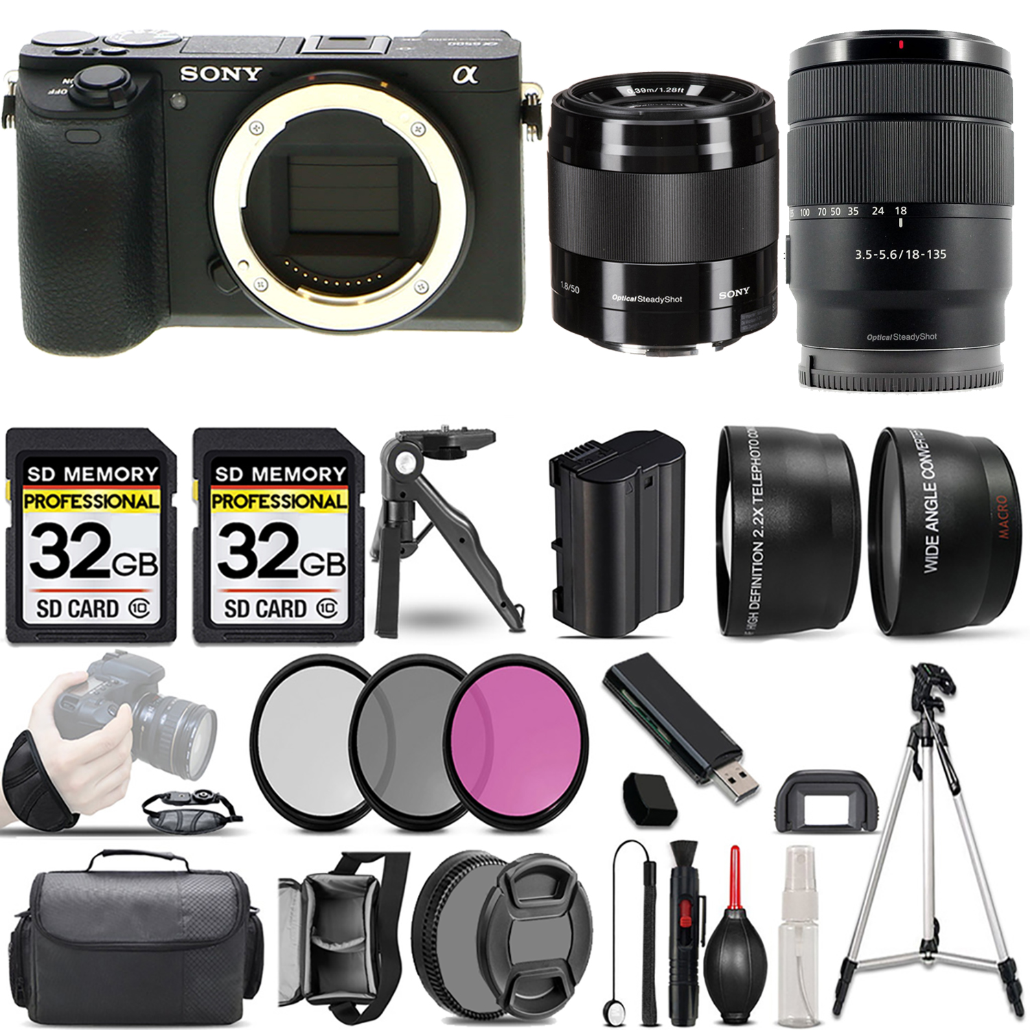 a6600 Camera + 18-135mm Lens + 50mm f/1.8 OSS Lens (Black) + 3 Piece Filter Set + 64GB (ILCE6600/B) *FREE SHIPPING*