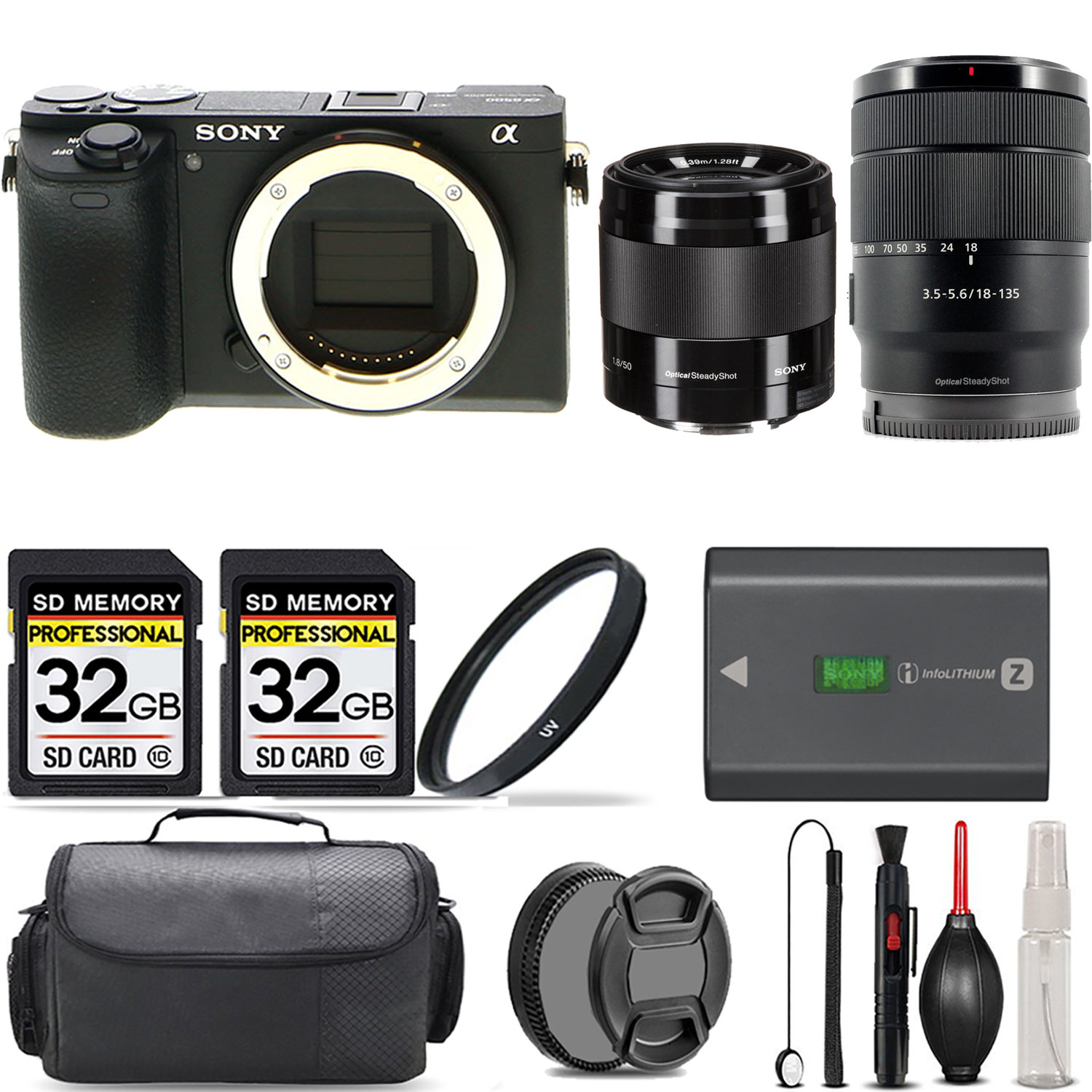 a6600 Camera + 18-135mm Lens + 50mm Lens (Black) + UV Filter + 64GB Kit (ILCE6600/B) *FREE SHIPPING*