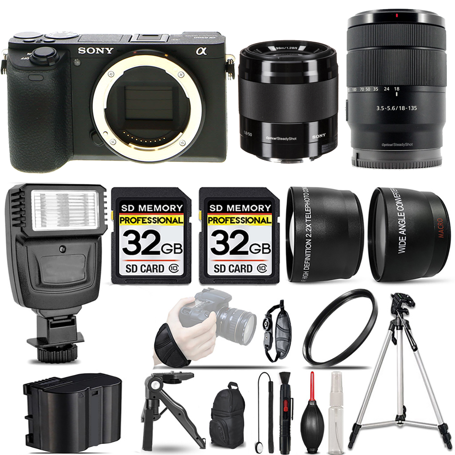 a6600 Camera + 18-135mm Lens + 50mm f/1.8 OSS Lens (Black) + Flash + 64GB - Kit (ILCE6600/B) *FREE SHIPPING*
