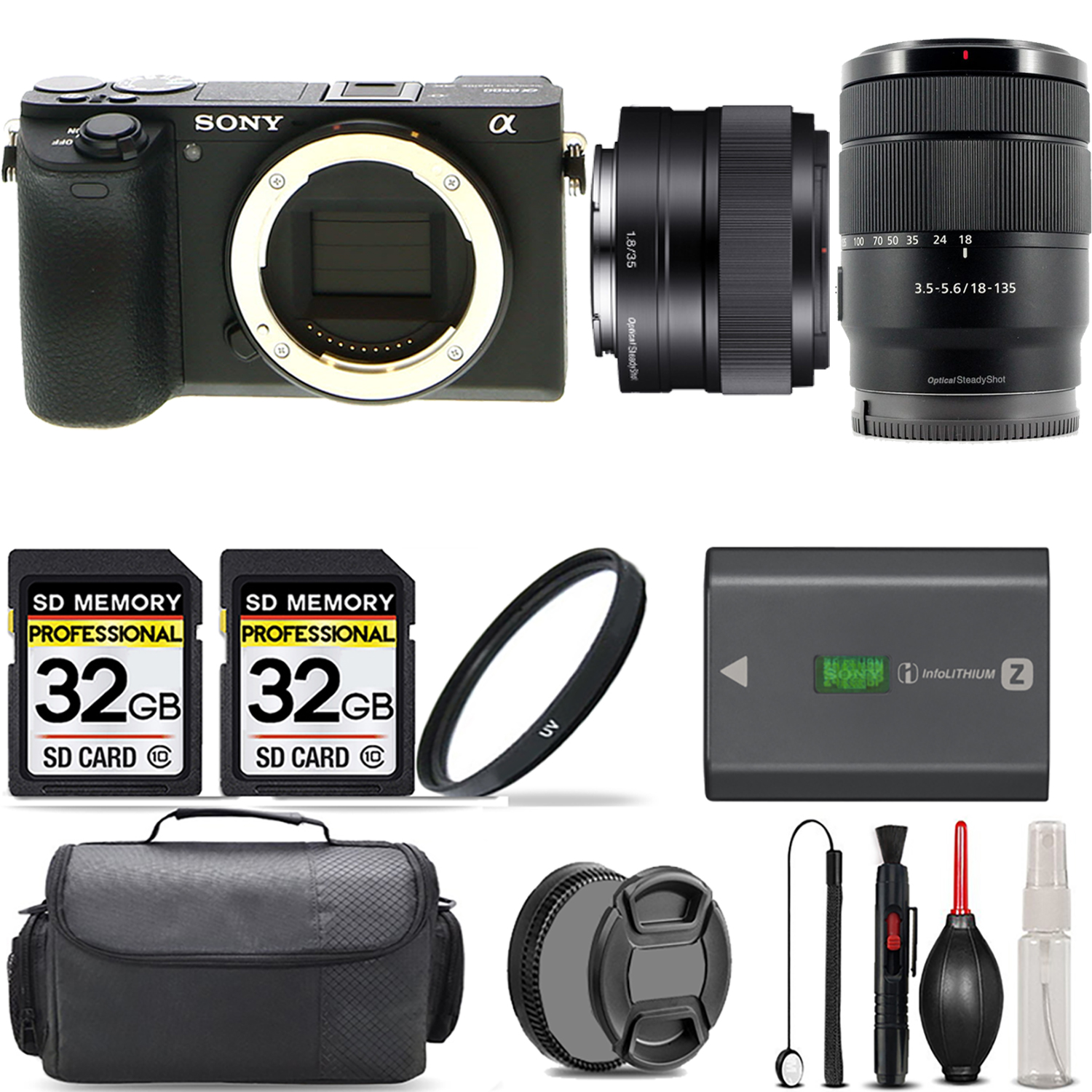 a6600 Camera + 18-135mm Lens + 35mm Lens + UV Filter + 64GB + Bag & More! (ILCE6600/B) *FREE SHIPPING*