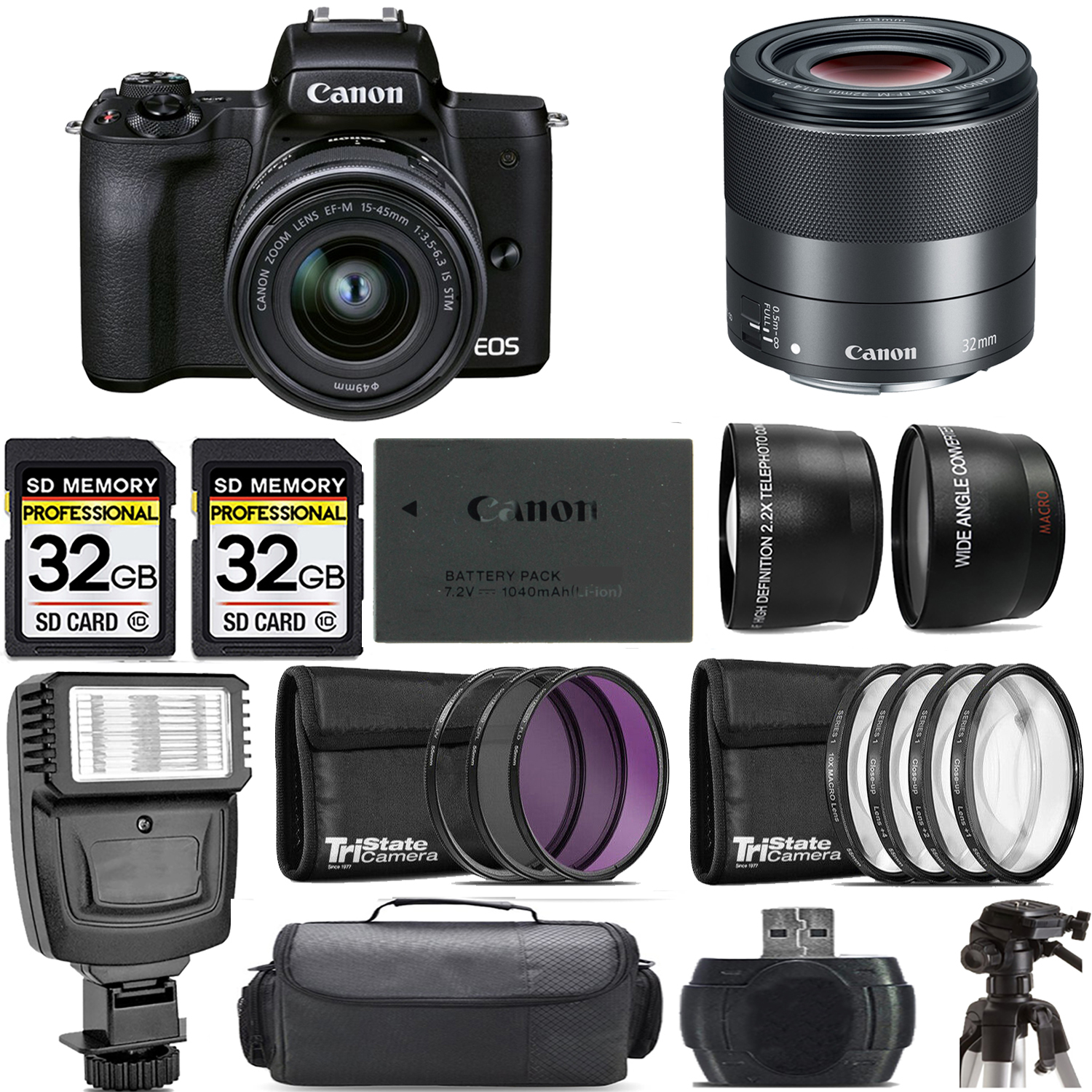 M50 Mark II + 15-45mm Lens (Black) + 32mm f/1.4 STM Lens + Flash - Kit *FREE SHIPPING*