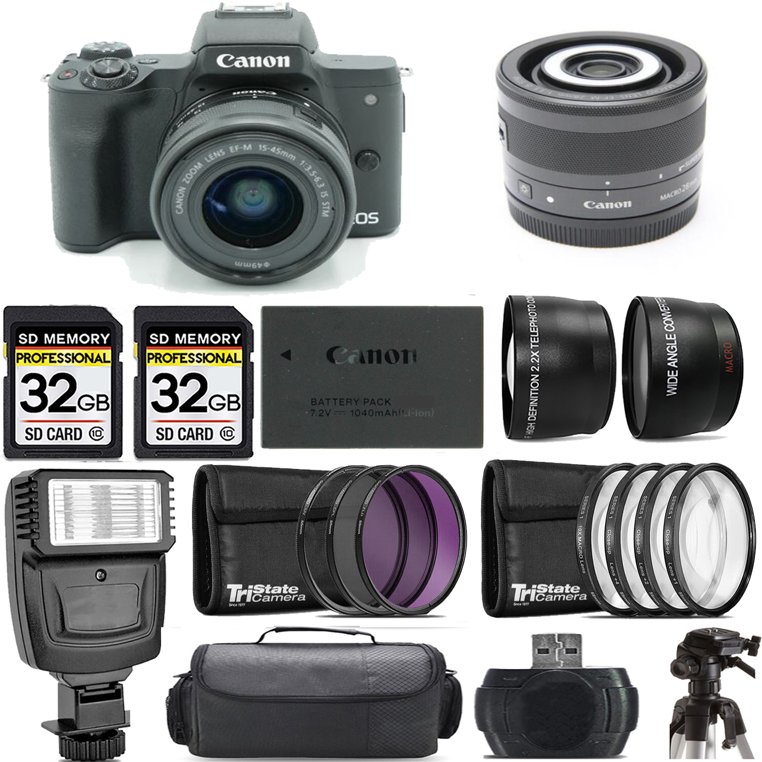 M50 Mark II + 15-45mm Lens (Black) + 28mm Macro IS STM Lens + Flash - Kit *FREE SHIPPING*