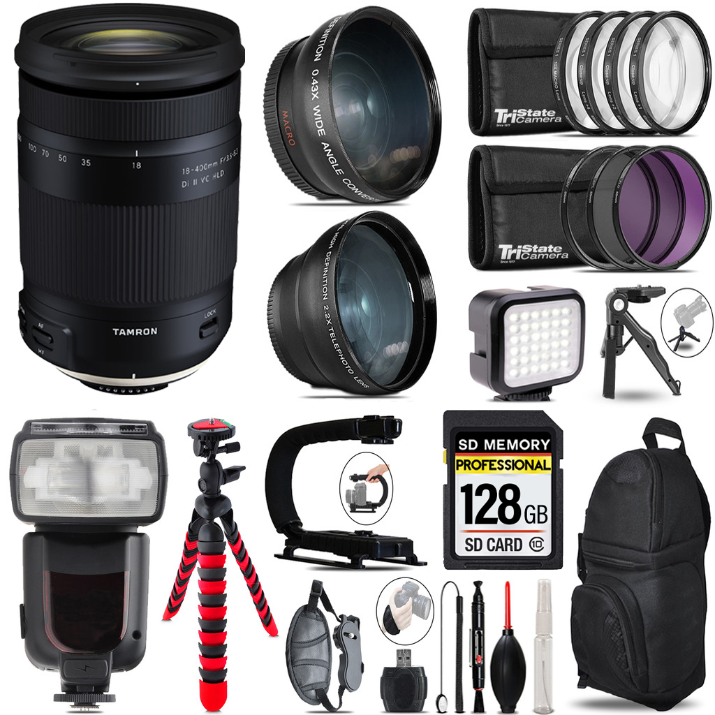 18-400mm F/3.5-6.3 DI-II VC HLD Zoom Lens (Nikon) + Pro Flash + LED Light + Tripod - 128GB Kit (AFB028N-700) *FREE SHIPPING*