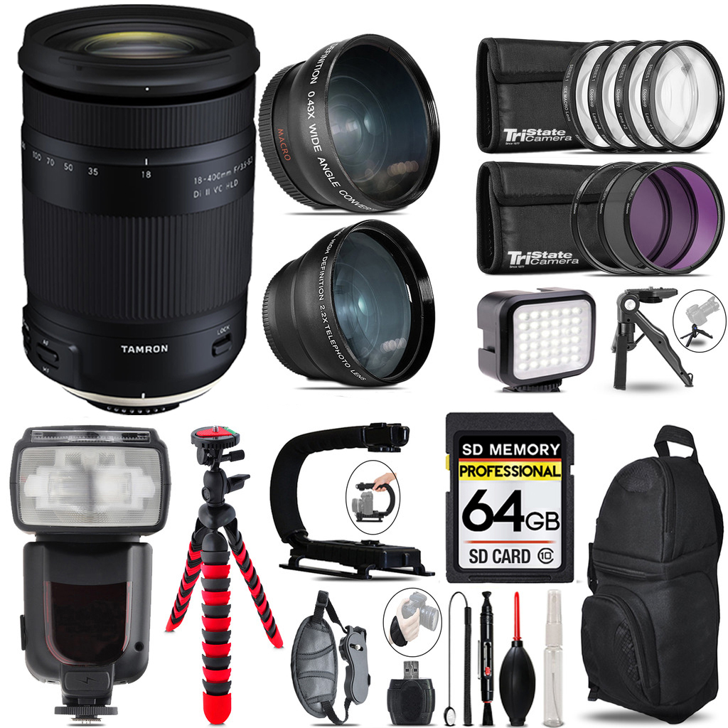 18-400mm F/3.5-6.3 DI-II VC HLD Zoom Lens (Nikon) + Pro Flash + LED Light + Tripod - 64GB Kit (AFB028N-700) *FREE SHIPPING*