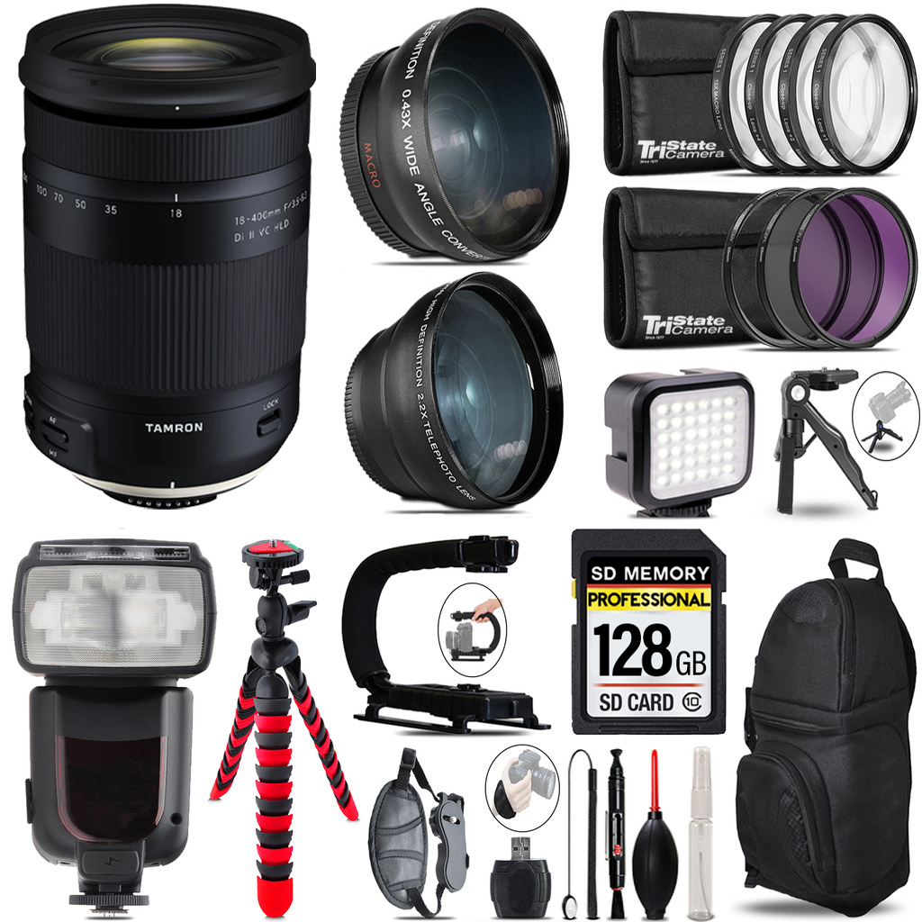 18-400mm F/3.5-6.3 DI-II VC HLD Zoom Lens (Canon) + Pro Flash + LED Light + Tripod - 128GB Kit (AFB028C-700) *FREE SHIPPING*