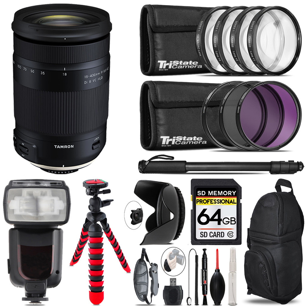 18-400mm F/3.5-6.3 DI-II VC HLD Zoom Lens (Canon) + Professional Flash + 64GB Accessory Kit (AFB028C-700) *FREE SHIPPING*