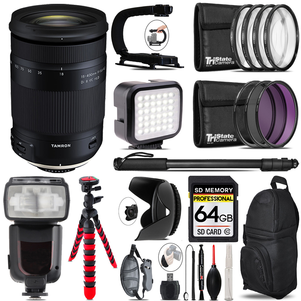 18-400mm F/3.5-6.3 DI-II VC HLD Zoom Lens (Canon) - Video Kit + Pro Flash - 64GB Accessory Bundle (AFB028C-700) *FREE SHIPPING*