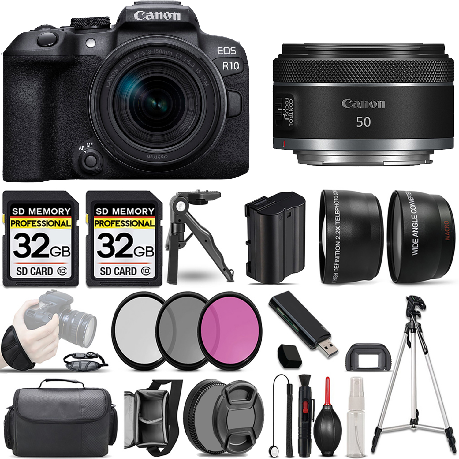 EOS R10 Camera +18-150mm Lens +50mm f/1.8 STM Lens +3 PC Filter +64GB *FREE SHIPPING*