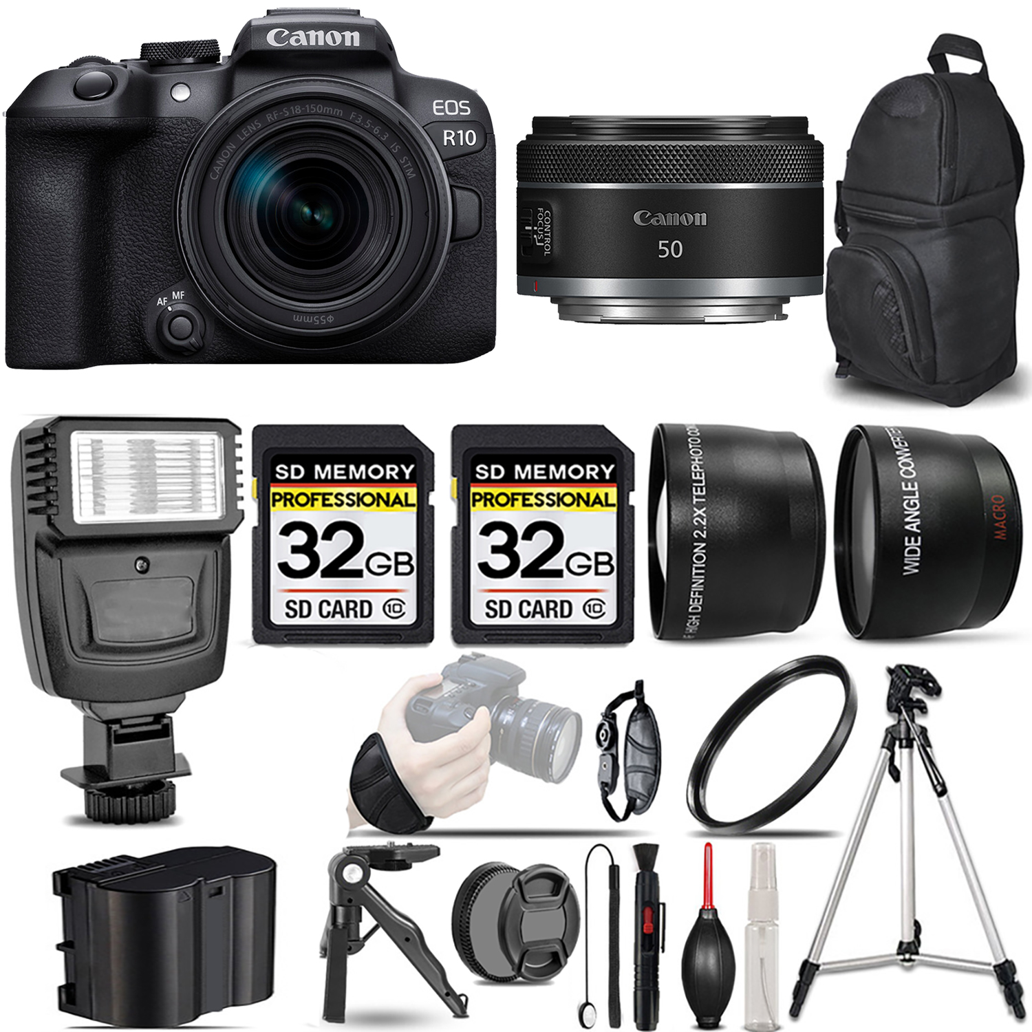 EOS R10 Camera + 18-150mm Lens + 50mm f/1.8 STM Lens + Flash + 64GB - Kit *FREE SHIPPING*