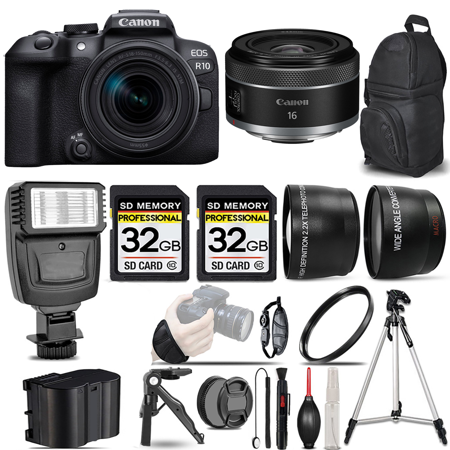 EOS R10 Camera + 18-150mm Lens + 16mm f/2.8 STM Lens + Flash + 64GB - Kit *FREE SHIPPING*