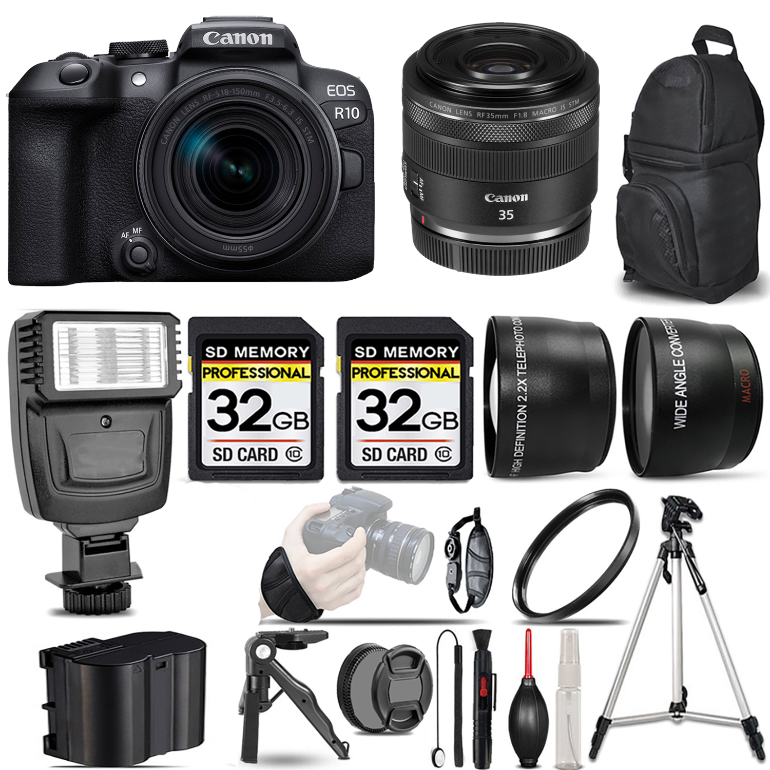 EOS R10 Camera + 18-150mm Lens + 35mm IS Macro STM Lens + Flash + 64GB - Kit *FREE SHIPPING*