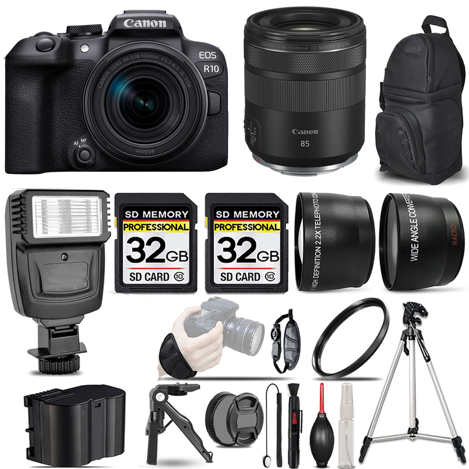 EOS R10 Camera + 18-150mm Lens + 85mm f/2 Macro IS STM Lens + Flash + 64GB *FREE SHIPPING*