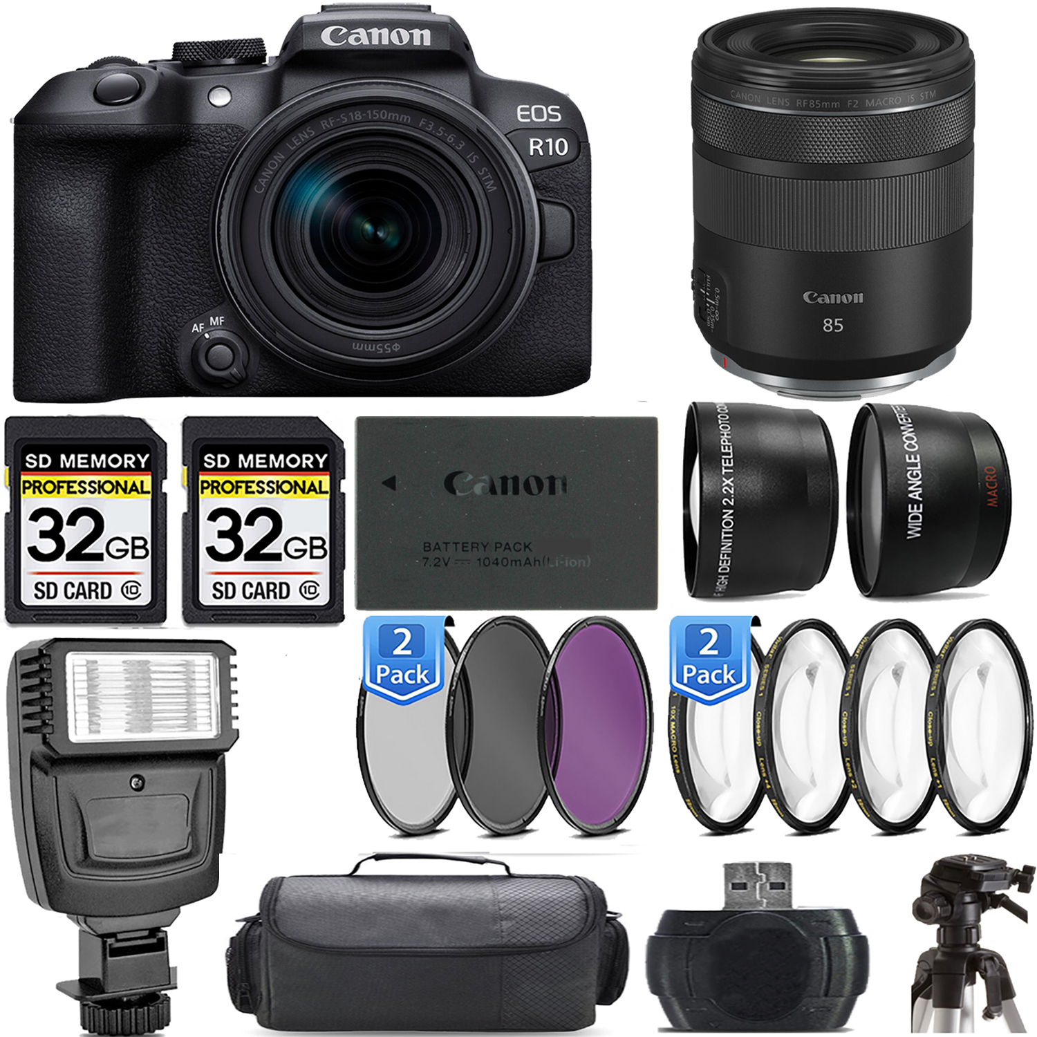 EOS R10 Camera + 18-150mm Lens + 85mm f/2 Macro IS STM Lens + Flash - Kit *FREE SHIPPING*