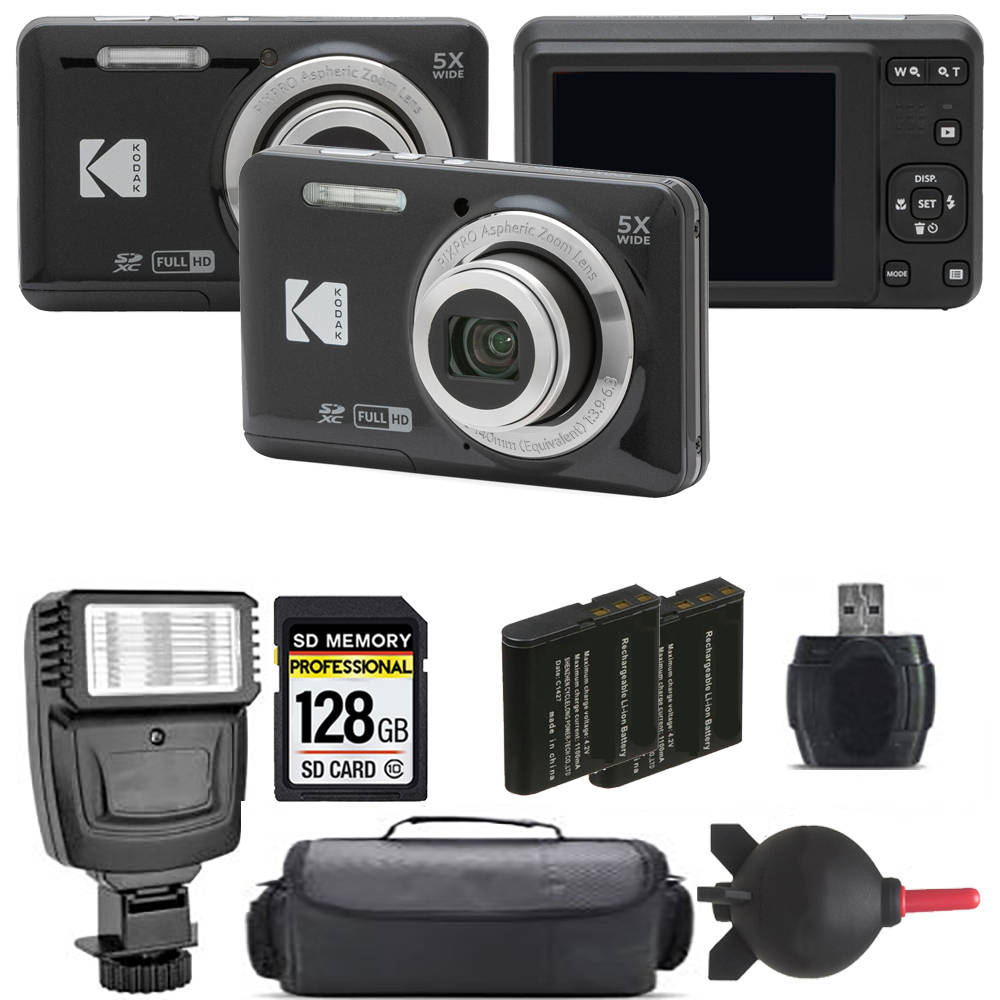 PIXPRO FZ55 Digital Camera (Black) + Extra Battery + Flash - 128GB Kit *FREE SHIPPING*